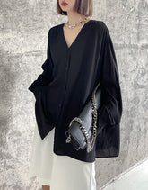 Loose V-Neck Solid Long Sleeves Blouse